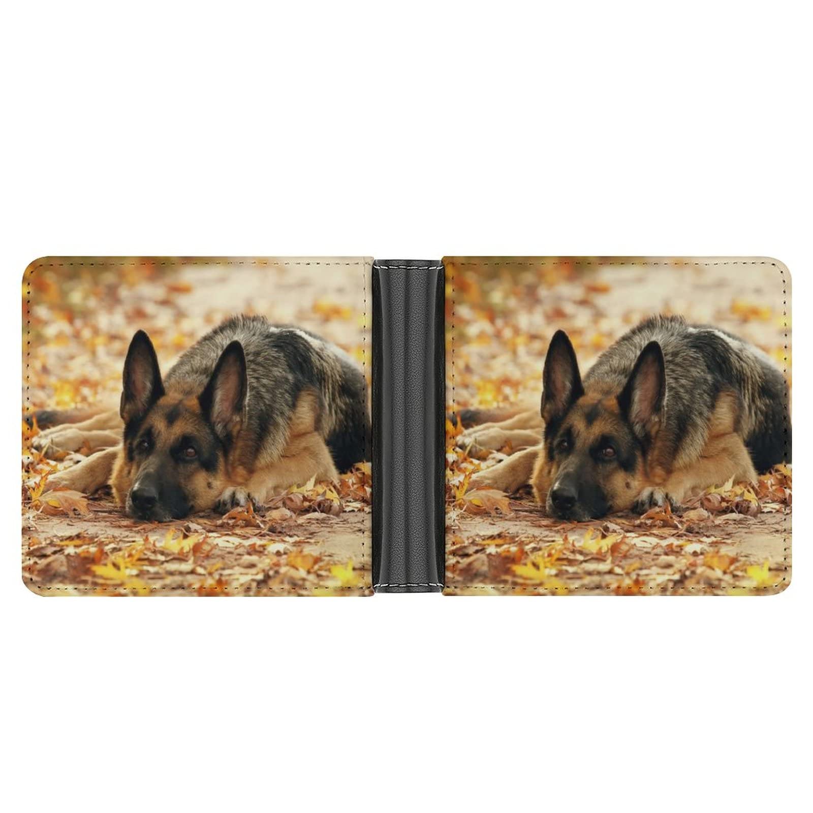 German Shepherd Dog Lies on Autumn Falling Foliage Leaves Leather Bifold Wallet Coin Purse Soft Stylish Credit Pass Case Card-Holder for Boy Girl Men Woman Money Storage