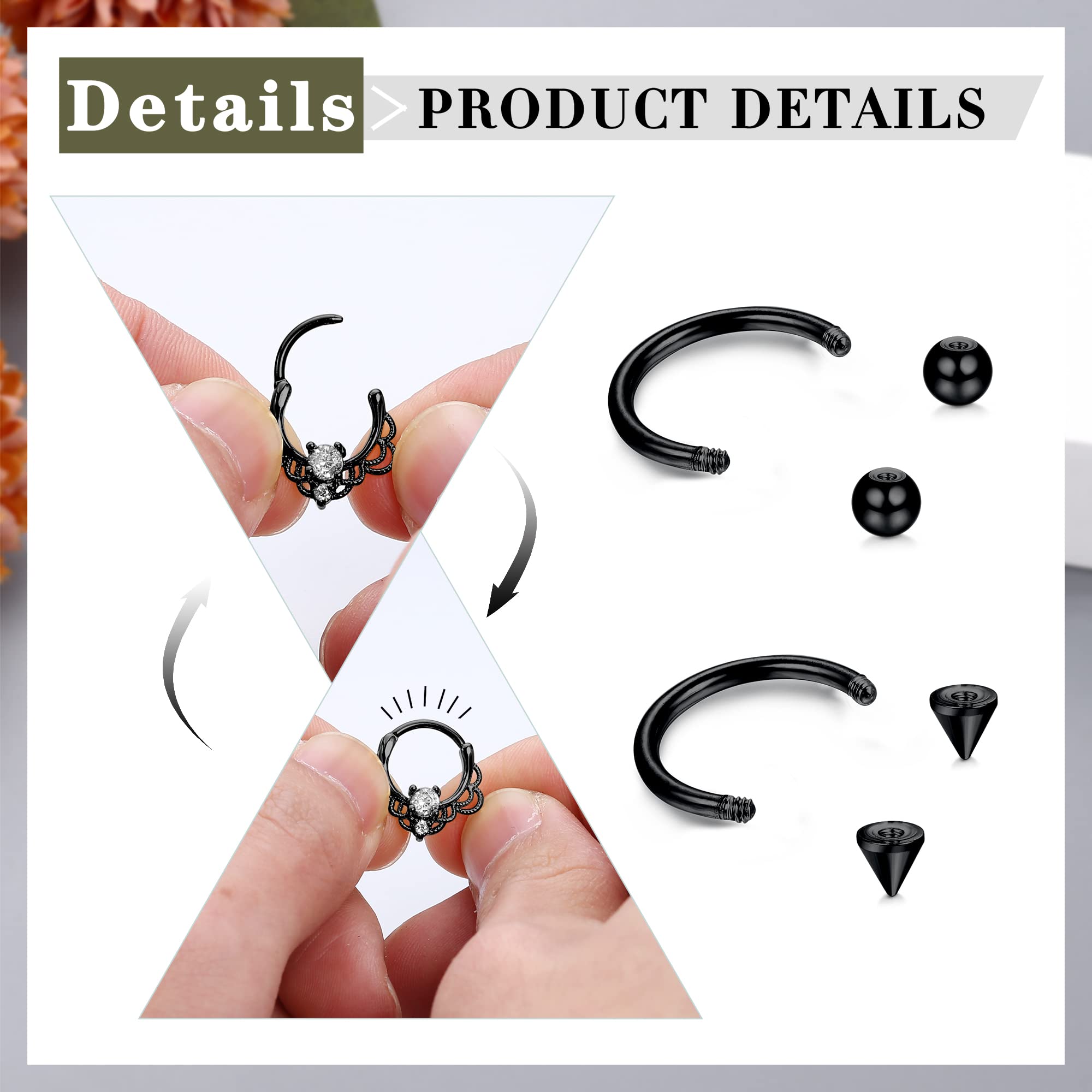 Besteel 12Pcs Septum Rings 16G Daith Earrings Nose Rings Hoop Stainless Steel CZ Opal Cartilage Helix Tragus Earrings Septum Clicker Piercing Jewelry Black