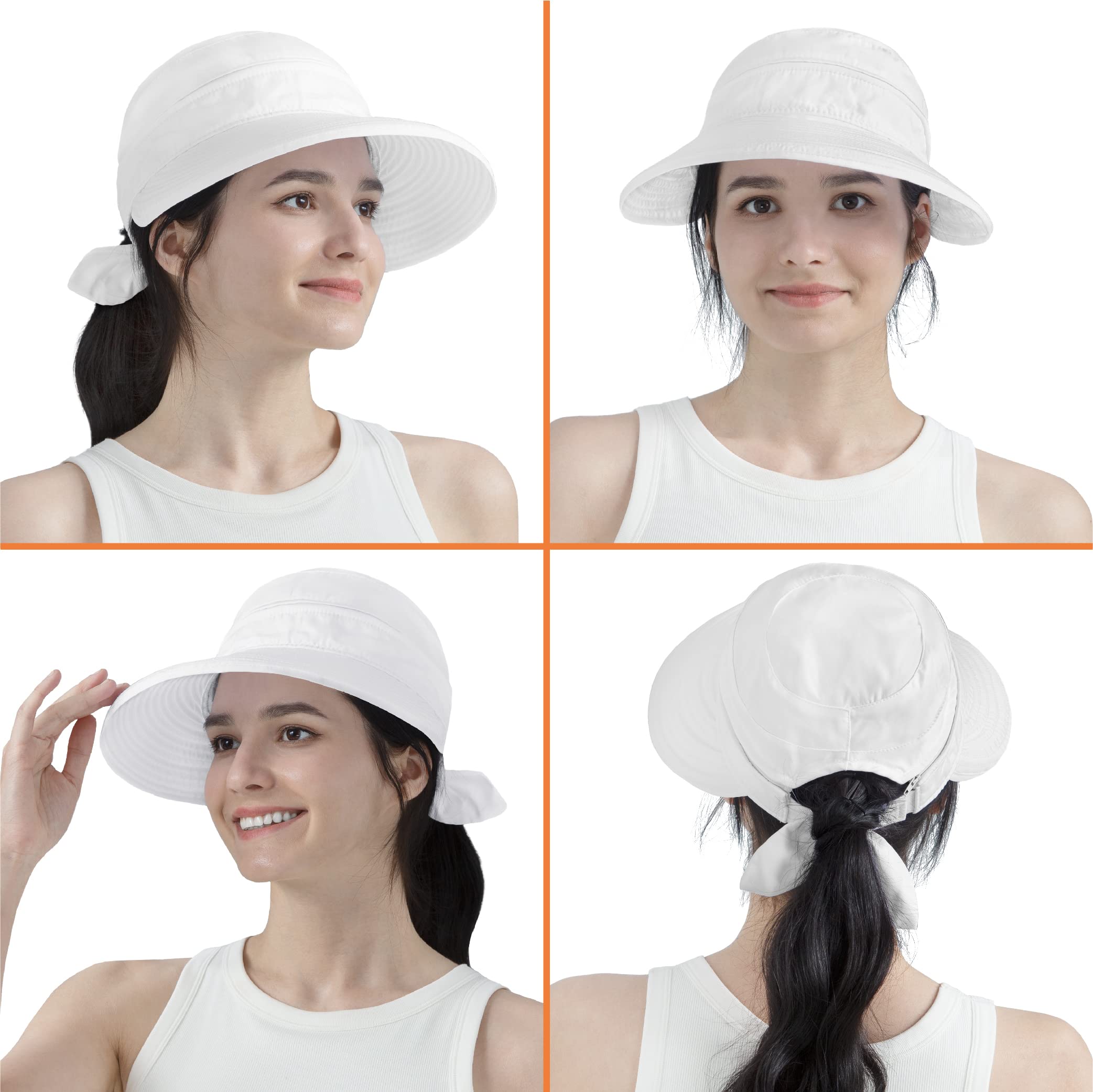 SUN CUBE Women Sun Hat for Outdoor UV Protection, Wide Brim Sun Hat Ponytail, Convertible Zip-Off Beach Hat Visor for Golf Gardening Pool Travel, Foldable Summer UPF50+ Visor Hat, White