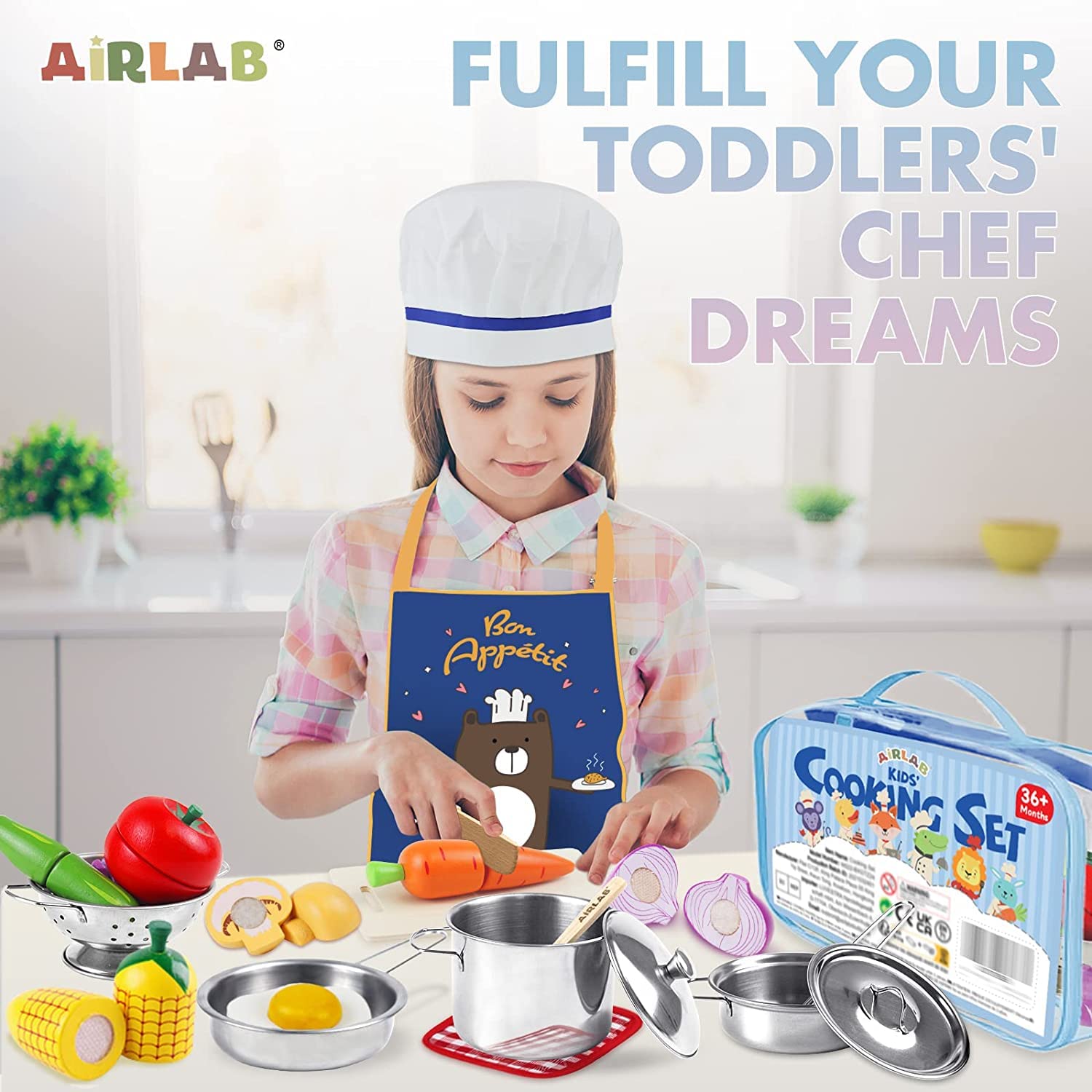 Airlab Kids Pots and Pans Playset for Kids Kitchen Accessories Wooden Play Food Stainless Steel Toys for Toddlers 1-3 Cutting Pretend Toy Bithday Gift