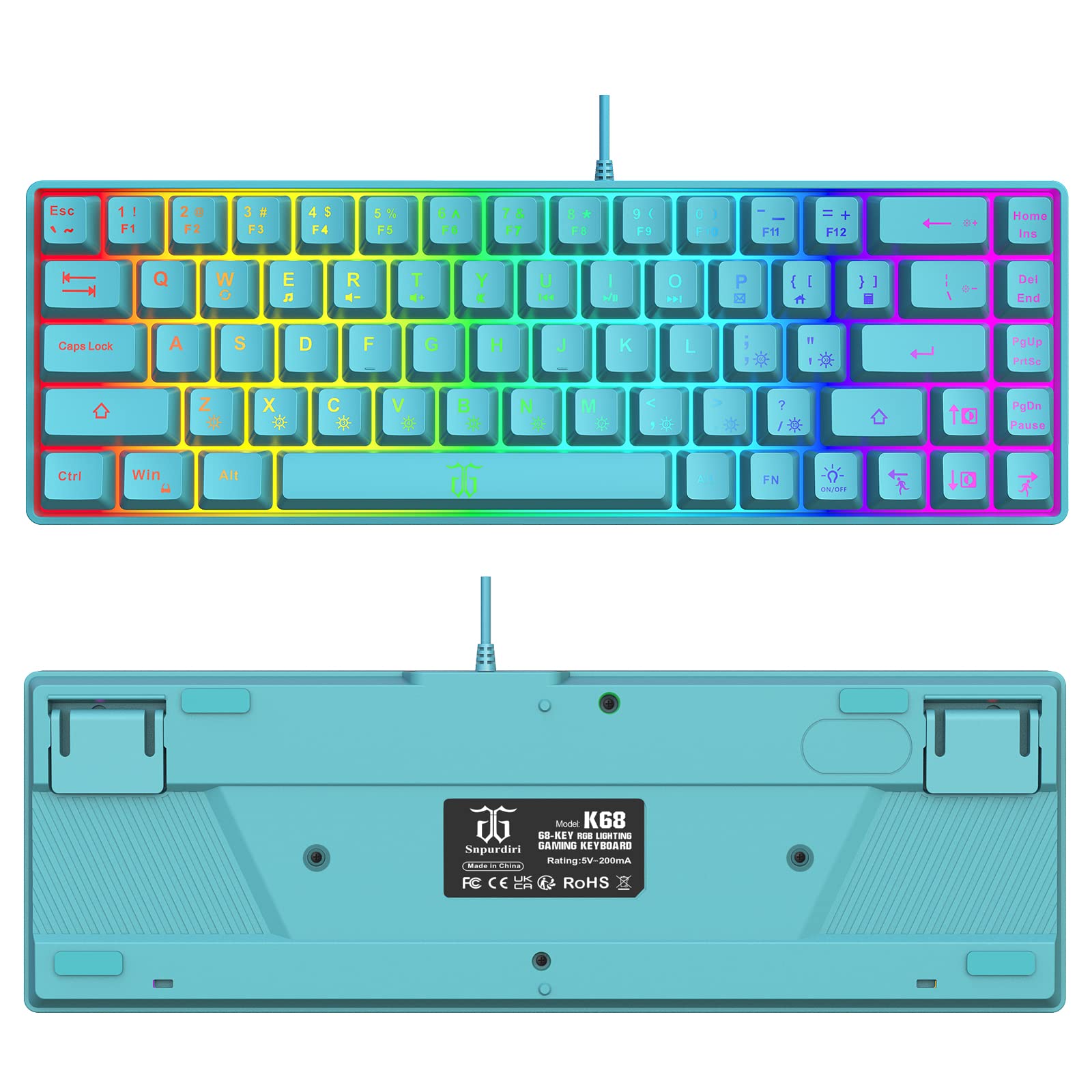 Snpurdiri 60% Membrane Gaming Keyboard,RGB Compact Wired Small Keyboard, Strong Mechanical Feel for PC/Mac Gamer, Typist, Travel, Easy to Carry on Business Trip(68 Keys,Blue)