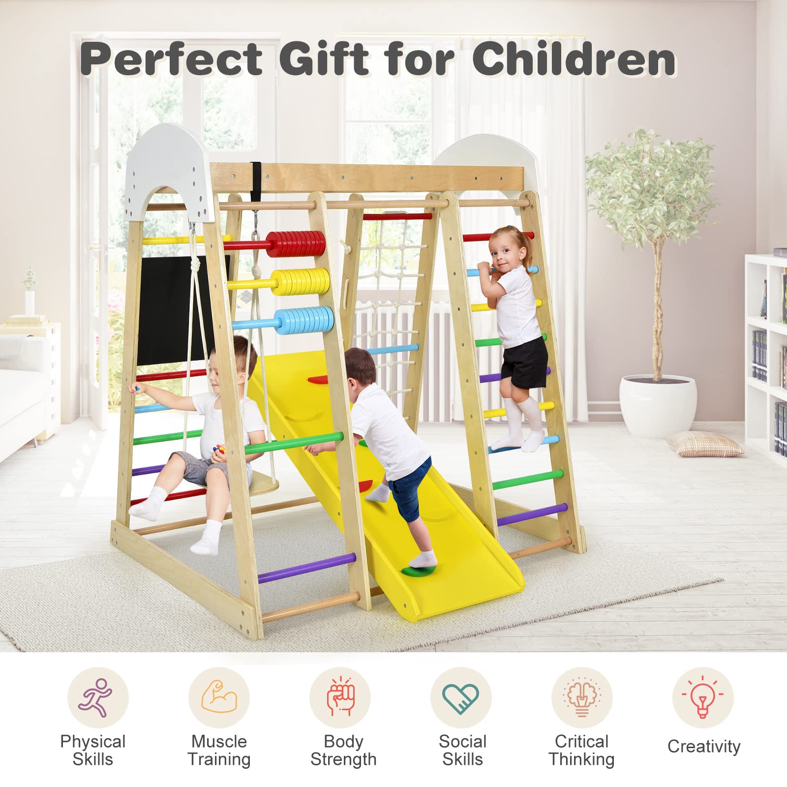 Costzon Indoor Jungle Gym, 8-in-1 Montessori Climbing Toys for Toddlers with Slide, Climbing Rock/Net, Monkey Bars, Wooden Playground Climber Playset for Kids Gifts Presents