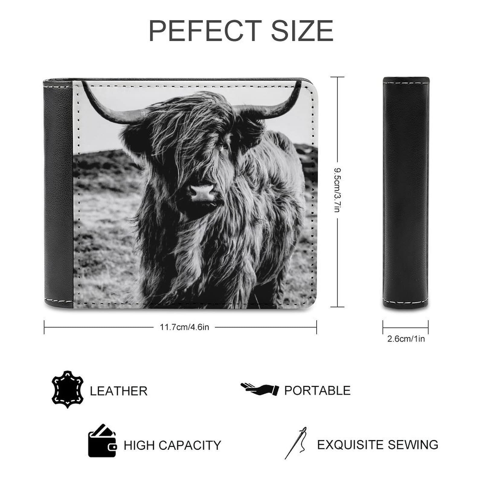 Donnapink Black White Scottish Highland Cow Vintage Style Leather Bifold Wallet Coin Purse Soft Stylish Credit Pass Case Card-Holder for Boy Girl Men Woman Money Storage