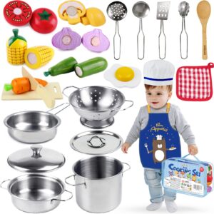 Airlab Kids Pots and Pans Playset for Kids Kitchen Accessories Wooden Play Food Stainless Steel Toys for Toddlers 1-3 Cutting Pretend Toy Bithday Gift