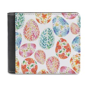 Seamless Easter Floral Eggs in Multicolor Tribal Ethnic Eggs Leather Bifold Wallet Coin Purse Soft Stylish Credit Pass Case Card-Holder for Boy Girl Men Woman Money Storage