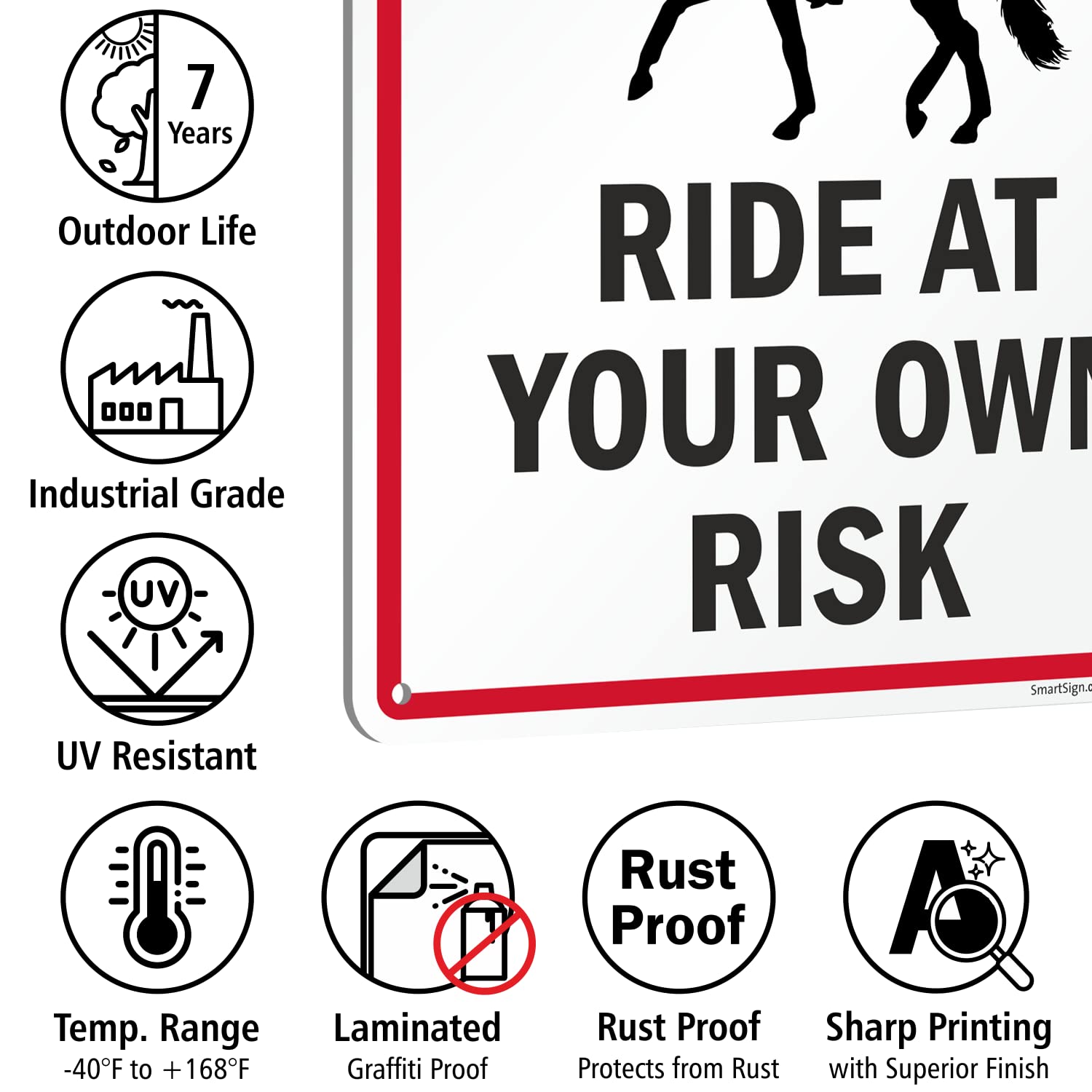 SmartSign 14 x 10 inch “Warning - Ride At Your Own Risk” Metal Sign with Graphic, 40 mil Laminated Rustproof Aluminum, Red, Black and White, Made in USA