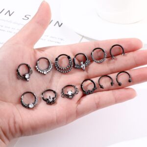 Besteel 12Pcs Septum Rings 16G Daith Earrings Nose Rings Hoop Stainless Steel CZ Opal Cartilage Helix Tragus Earrings Septum Clicker Piercing Jewelry Black