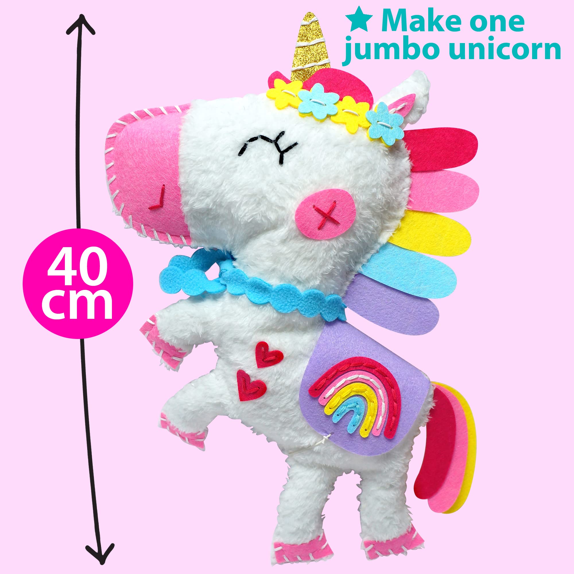 KRAFUN Big Jumbo Unicorn Animal Sewing Kit for Age 7-12 Kids Beginner My First Art & Craft, Includes 1 Stuffed Doll with Accessories, Instructions & Plush Felt Materials for Embroidery