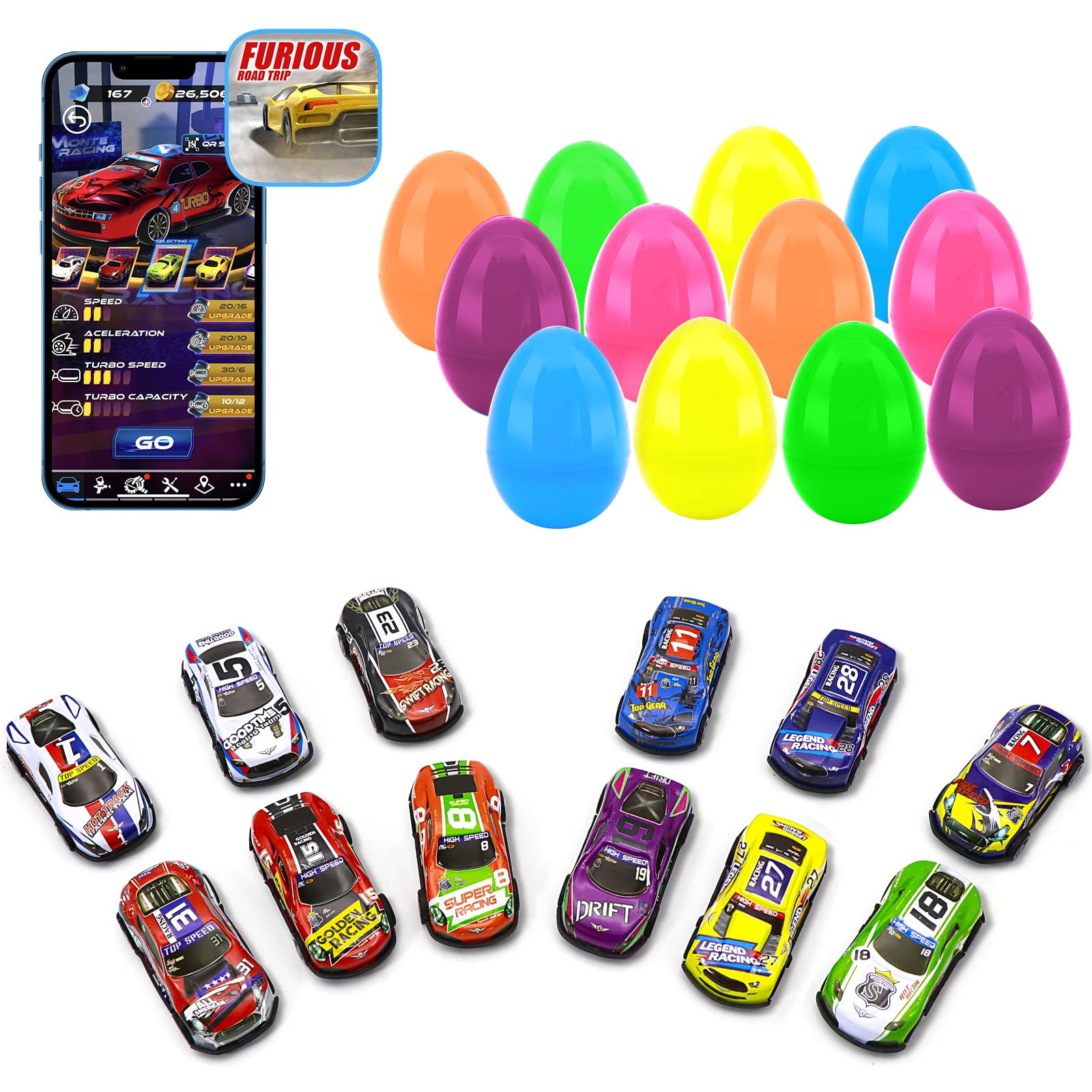 GOLDEN WHEEL 12 Pcs Easter Eggs Filled Pull Back Cars: with Free Game - 3.2'' Bright Colorful Prefilled Plastic Easter Eggs - Easter Hot Toys Basket Stuffers/Fillers Party Favor & Easter Gift/Presents