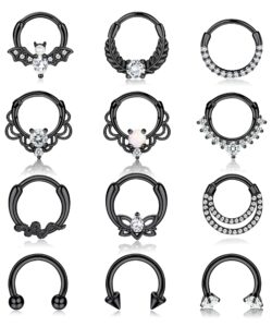 besteel 12pcs septum rings 16g daith earrings nose rings hoop stainless steel cz opal cartilage helix tragus earrings septum clicker piercing jewelry black