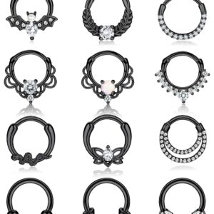 Besteel 12Pcs Septum Rings 16G Daith Earrings Nose Rings Hoop Stainless Steel CZ Opal Cartilage Helix Tragus Earrings Septum Clicker Piercing Jewelry Black