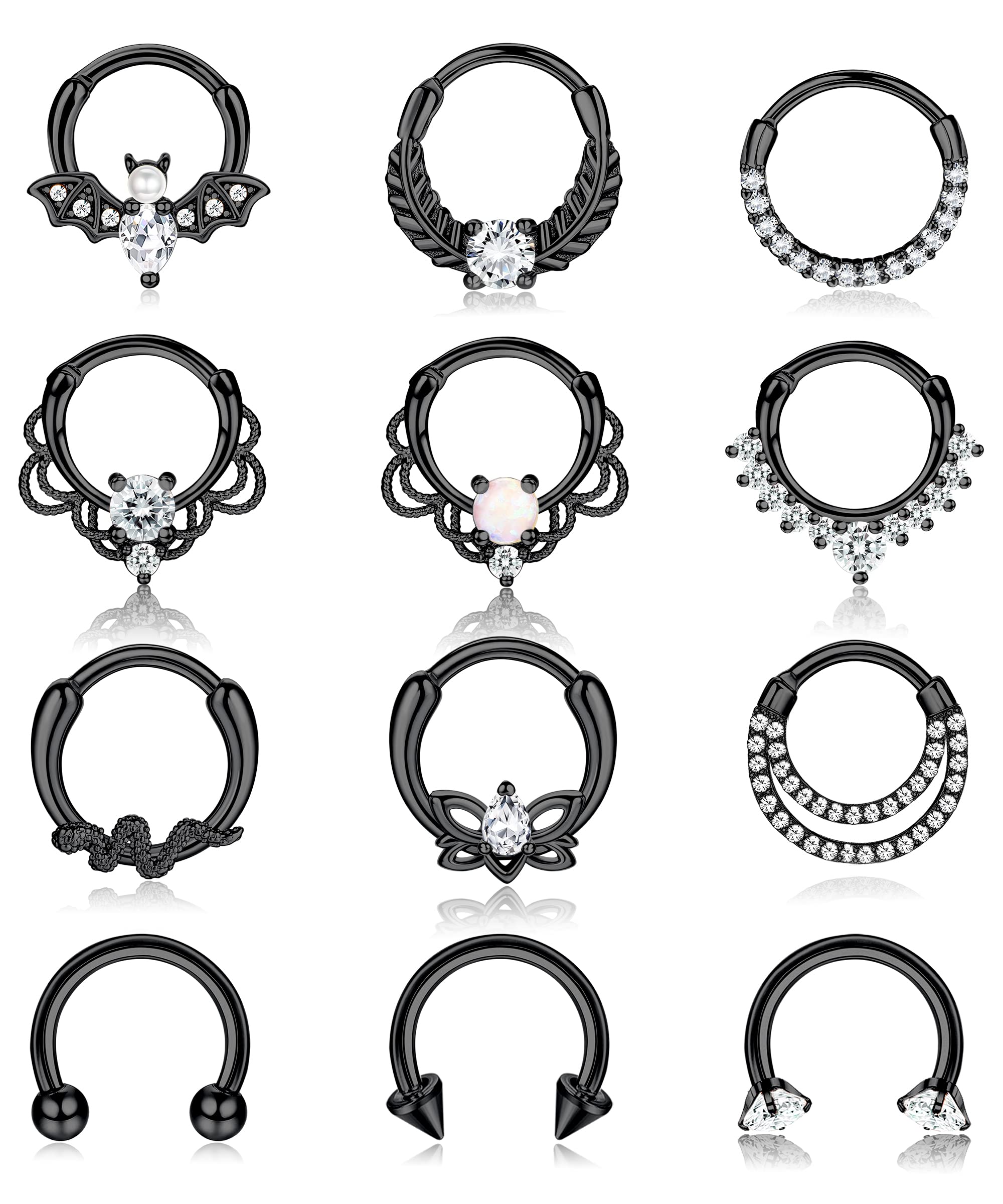 Besteel 12Pcs Septum Rings 16G Daith Earrings Nose Rings Hoop Stainless Steel CZ Opal Cartilage Helix Tragus Earrings Septum Clicker Piercing Jewelry Black