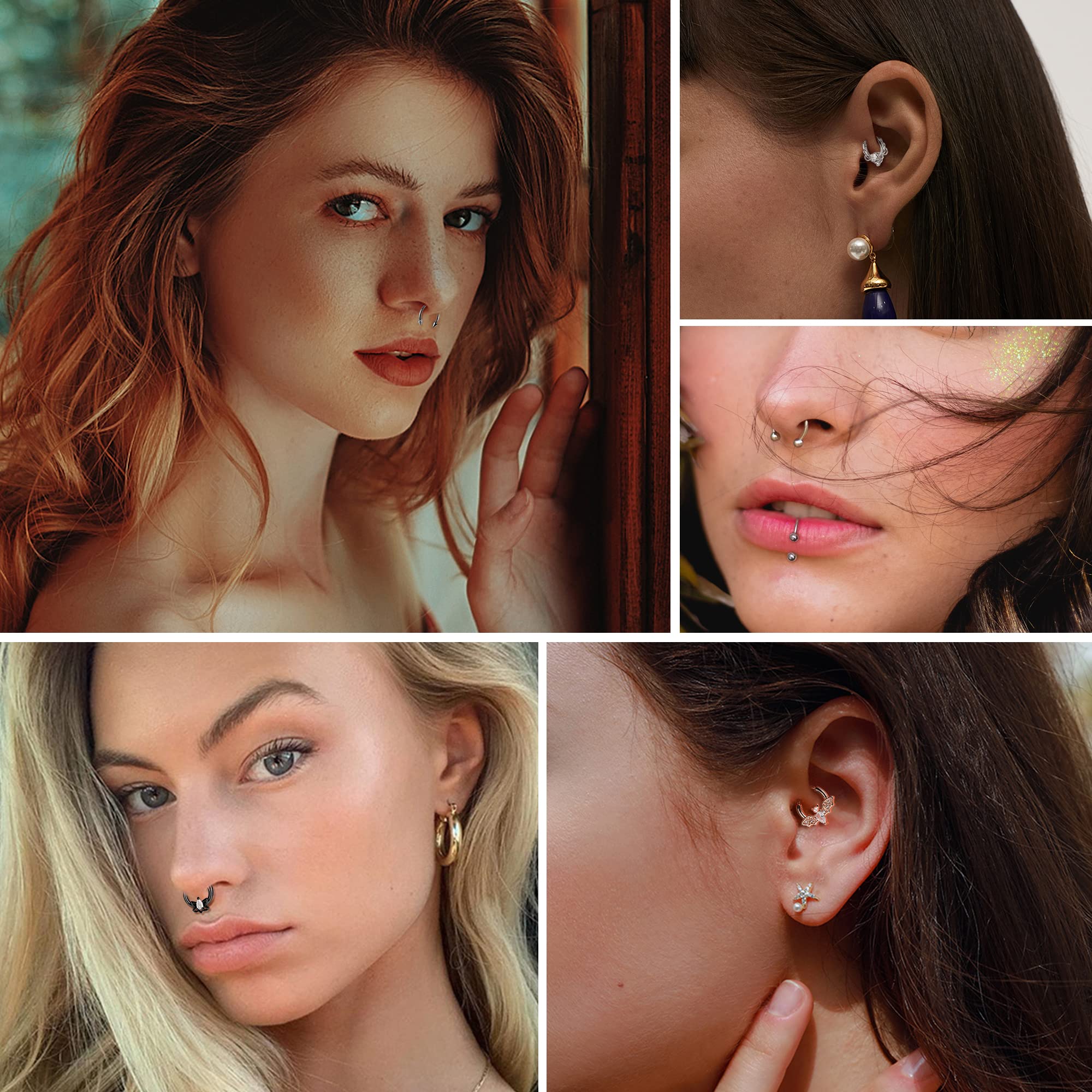 Besteel 12Pcs Septum Rings 16G Daith Earrings Nose Rings Hoop Stainless Steel CZ Opal Cartilage Helix Tragus Earrings Septum Clicker Piercing Jewelry Black