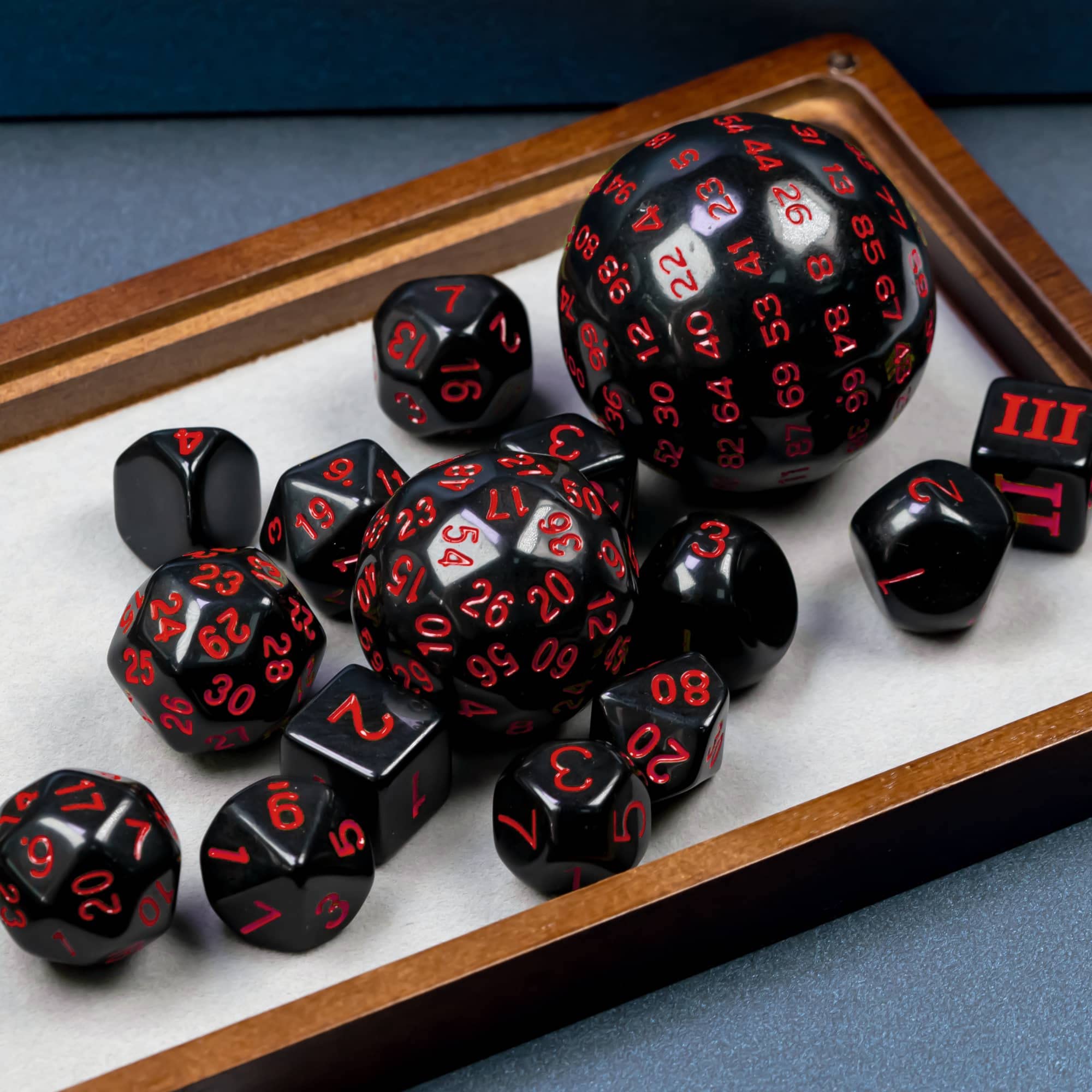 Poludie 15 Pieces Complete Polyhedral DND Dice Set D3-D100 Spherical D&D Dice Set with Dragon Eye Dice Bag, D100 Dice for Dungeons and Dragons, RPG, MTG Table Games(Black w/Red Numbers)