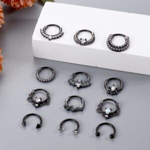 Besteel 12Pcs Septum Rings 16G Daith Earrings Nose Rings Hoop Stainless Steel CZ Opal Cartilage Helix Tragus Earrings Septum Clicker Piercing Jewelry Black