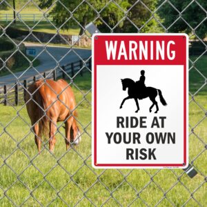 SmartSign 14 x 10 inch “Warning - Ride At Your Own Risk” Metal Sign with Graphic, 40 mil Laminated Rustproof Aluminum, Red, Black and White, Made in USA