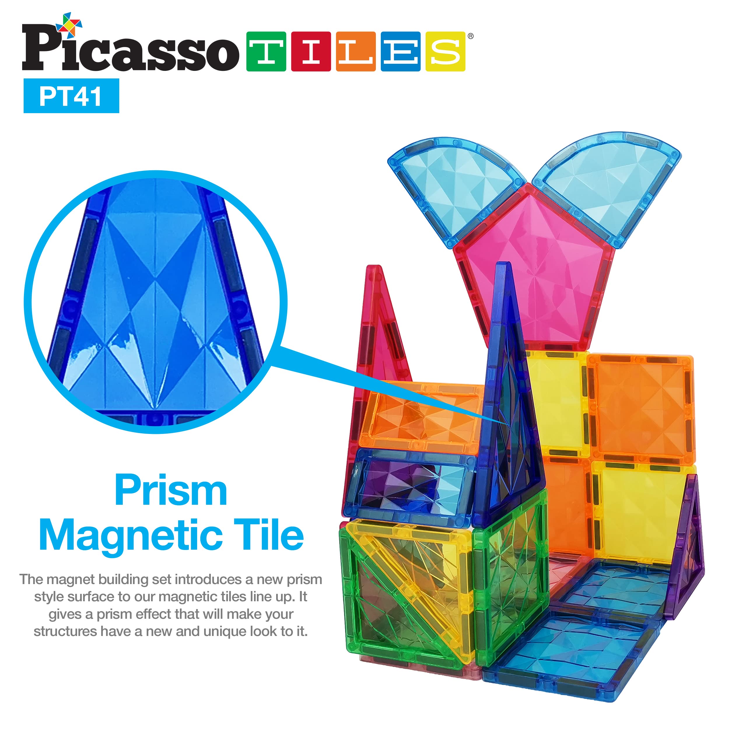 PicassoTiles Magnetic Tiles Building Block Construction Toy Set Prism Magnet Tile Blocks STEM STEAM Learning Kit Early Education Builder Playset Toys for Children Toddler Boy Girl Age 3+ PT41