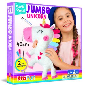 krafun big jumbo unicorn animal sewing kit for age 7-12 kids beginner my first art & craft, includes 1 stuffed doll with accessories, instructions & plush felt materials for embroidery