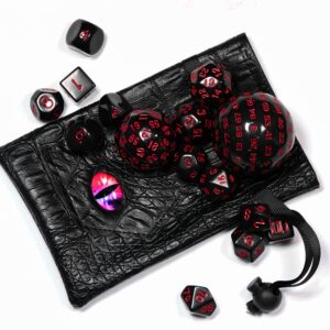 Poludie 15 Pieces Complete Polyhedral DND Dice Set D3-D100 Spherical D&D Dice Set with Dragon Eye Dice Bag, D100 Dice for Dungeons and Dragons, RPG, MTG Table Games(Black w/Red Numbers)