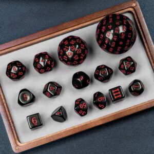 Poludie 15 Pieces Complete Polyhedral DND Dice Set D3-D100 Spherical D&D Dice Set with Dragon Eye Dice Bag, D100 Dice for Dungeons and Dragons, RPG, MTG Table Games(Black w/Red Numbers)