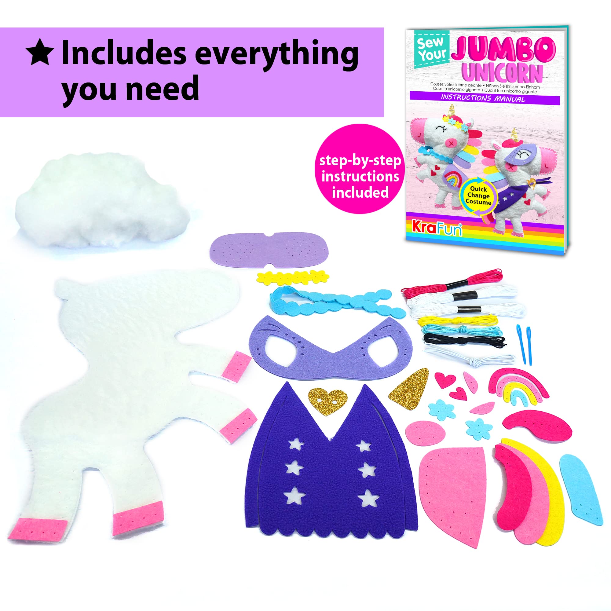 KRAFUN Big Jumbo Unicorn Animal Sewing Kit for Age 7-12 Kids Beginner My First Art & Craft, Includes 1 Stuffed Doll with Accessories, Instructions & Plush Felt Materials for Embroidery