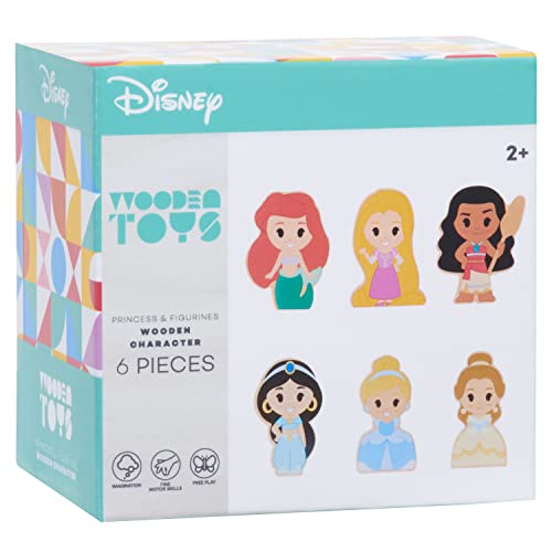 Disney Wooden Toys Just Play Disney Princess Figures 6-Pack, Ariel, Rapunzel, Moana, Jasmine, Belle, and Cinderella, Kids Toys for Ages 2 Up, Amazon Exclusive