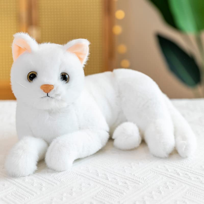 12 Inches Simulation Pure White Cat Plush Toy - Real Life White Cat Simulation Plush Toys, Lifelike Cats Doll Kitten Farm Animals Stuffed Toys Black Eyes Birthday Gifts for Kids