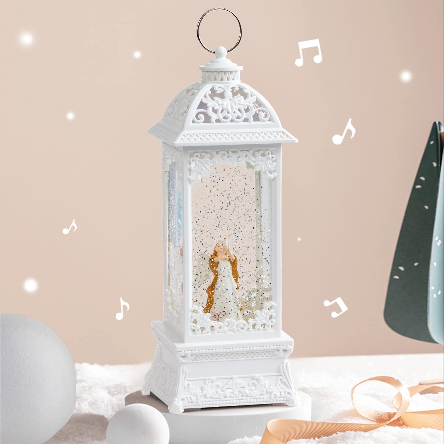 DANVON 12” White Angel with The Pearl Snow Globe Lantern Lighted Box Night Light Battery Or USB Operated Led Lighted Water Glittering Music Playing for Home Decoration