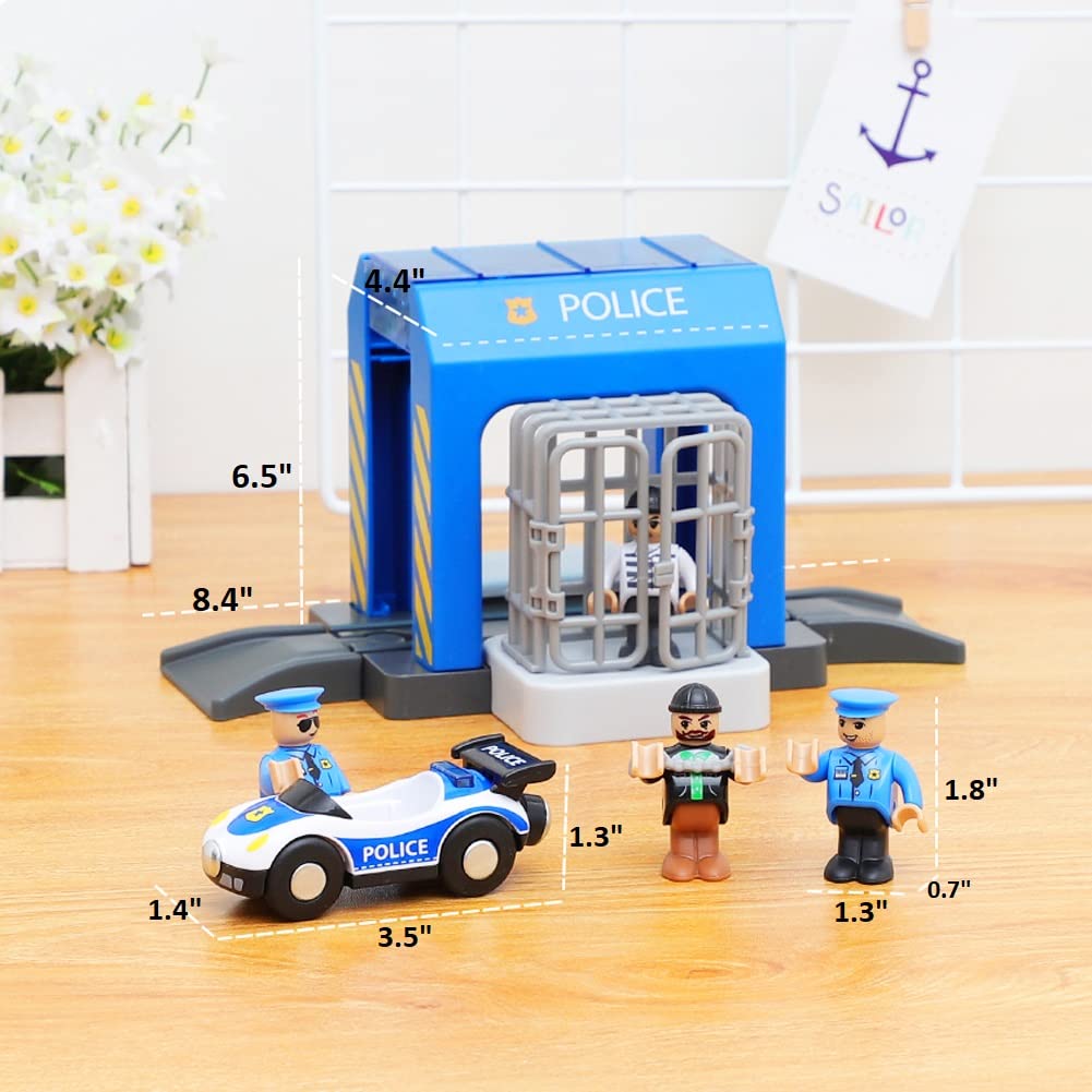 Wooden Train Tracks Accessories, Train Set Piece of Police Station Compatible with All Railroad Track Collection, Train Toys Expansion Pack for Kids Ages 3 and Up.