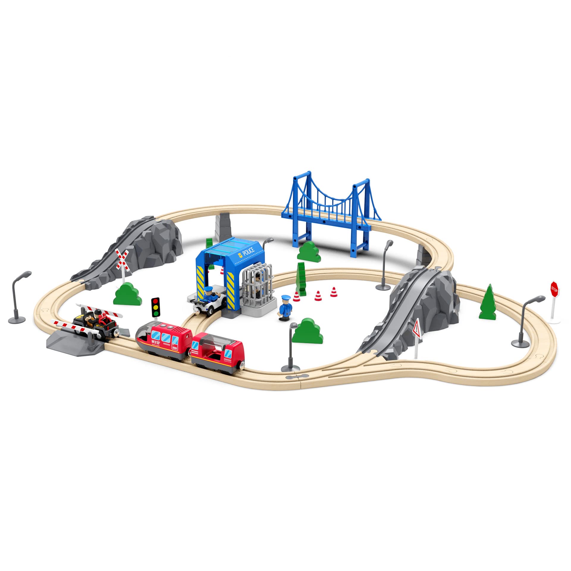 Wooden Train Tracks Accessories, Train Set Piece of Police Station Compatible with All Railroad Track Collection, Train Toys Expansion Pack for Kids Ages 3 and Up.