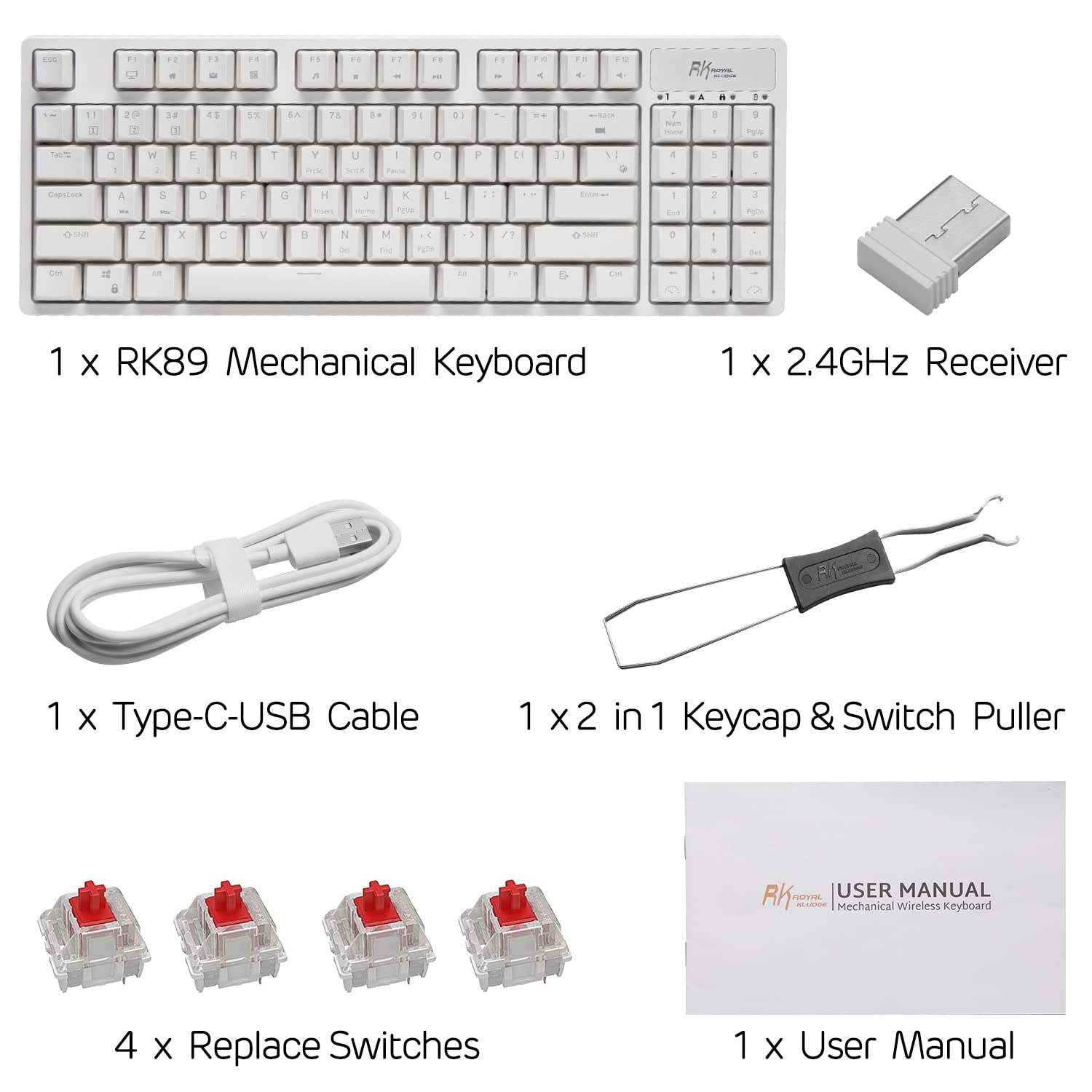 RK ROYAL KLUDGE RK89 85% Triple Mode BT5.0/2.4G/USB-C Hot Swappable Mechanical Keyboard, 89 Keys Compact Mechanical Keyboard with Detachable Frame & Software (Hot-Swappable Red Switch, White)