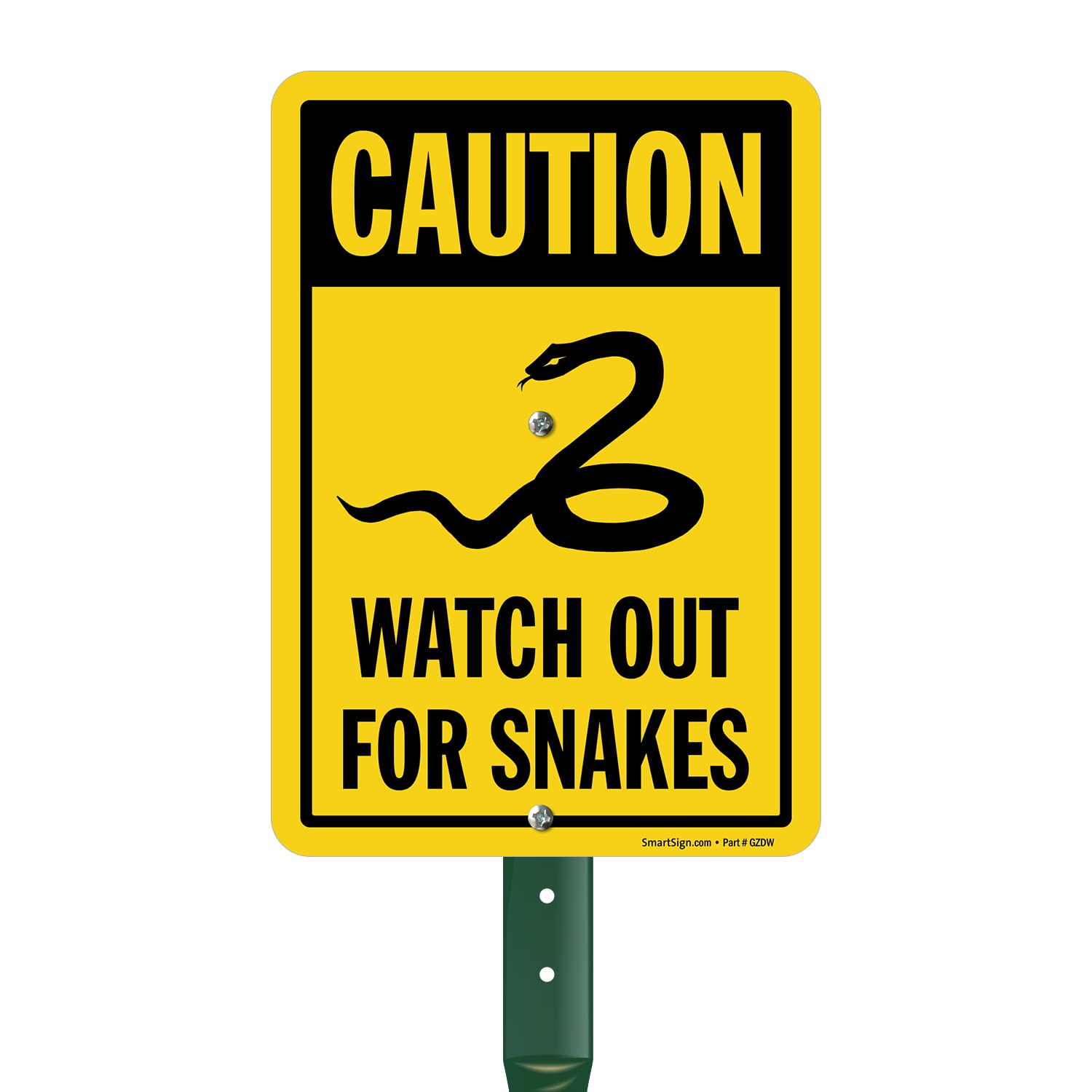 SmartSign 10 x 7 inch “Caution - Watch Out For Snakes” LawnPuppy Yard Sign and 18 inch Stake Kit, 40 mil Laminated Rustproof Aluminum, Black and Yellow, Set of 1, Made in USA