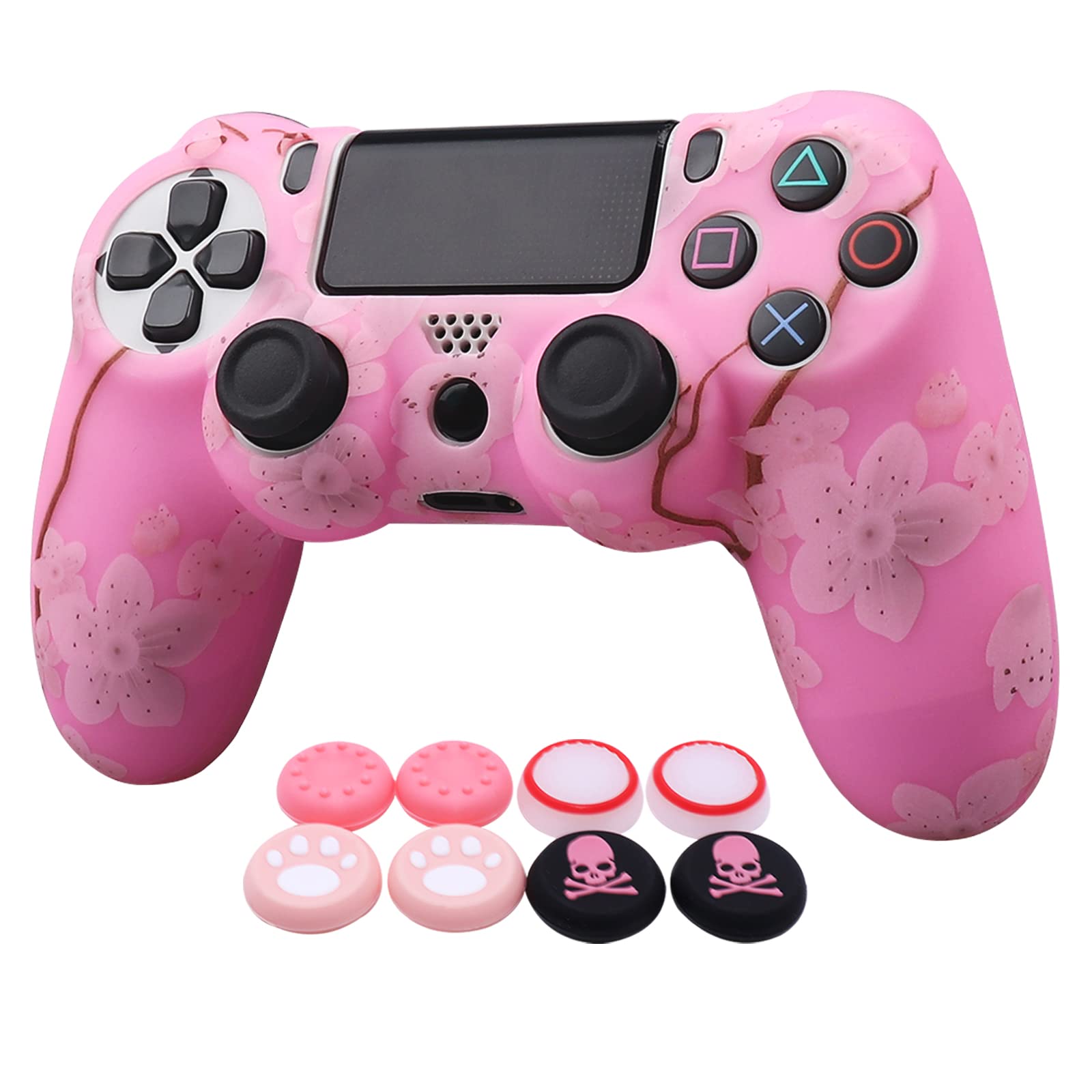 RALAN Pink Controller Skins for PS4, Silicone Controller Cover Skin Protector Compatible with PS4 Slim/PS4 Pro Controller (Pink Pro Thumb Grip x 6,Skull Cap Grip x 2)(Camouflage Pink+White Pink