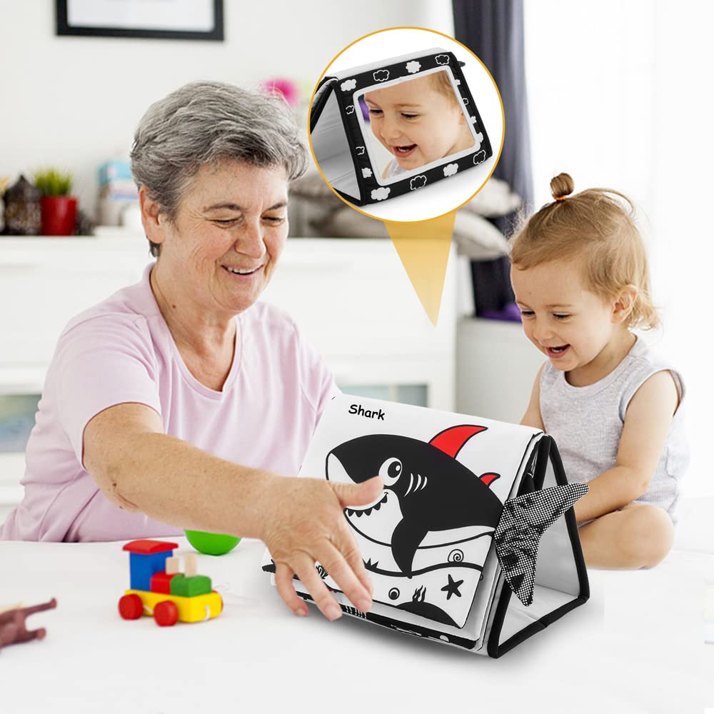 Tummy Time Baby Floor Mirror Toys with Crinkle Cloth Book, Black and White High Contrast Baby Toys, Double Folding Baby Montessori Toys Crawling Activity Mat Floor Mirror for Infants 3 6 12 Months