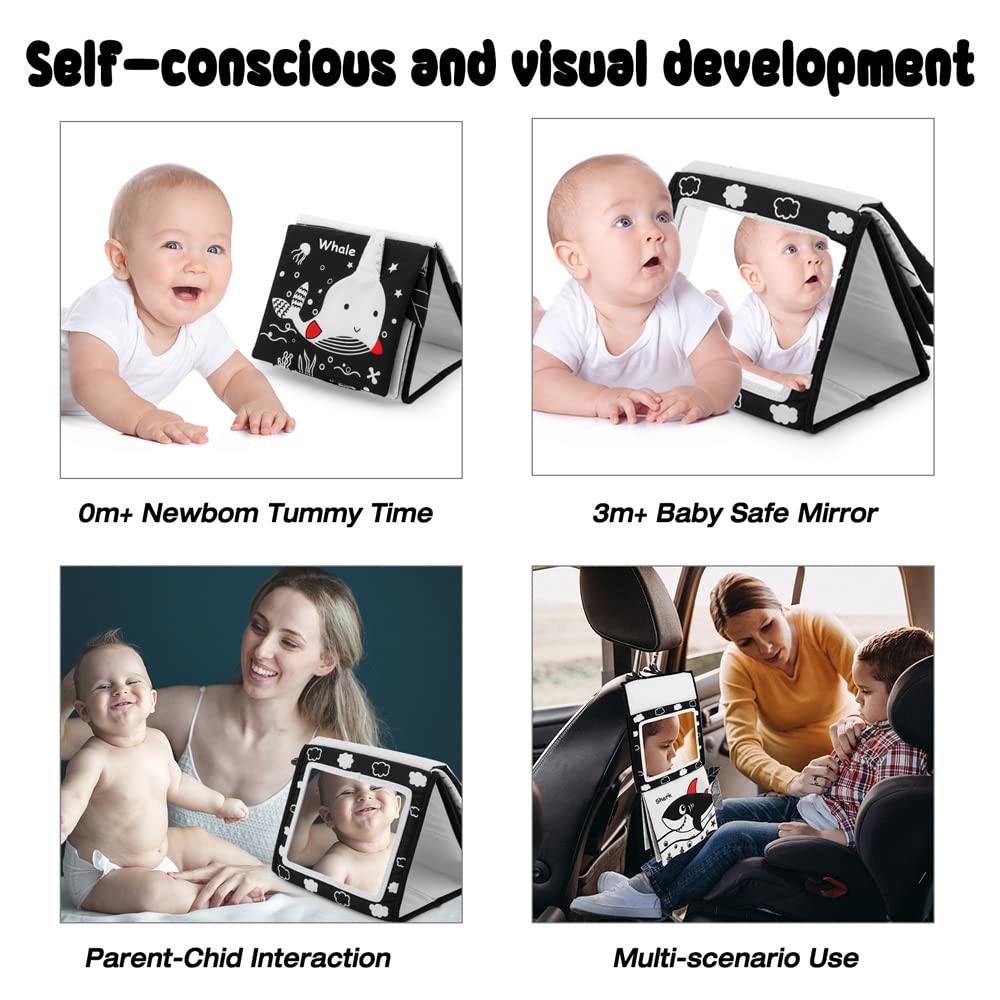 Tummy Time Baby Floor Mirror Toys with Crinkle Cloth Book, Black and White High Contrast Baby Toys, Double Folding Baby Montessori Toys Crawling Activity Mat Floor Mirror for Infants 3 6 12 Months