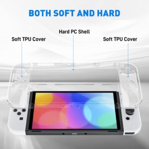 FANPL Improved Clear Case Kit for Nintendo Switch OLED, PC Cover for Switch OLED Console and TPU Case with Transparent Lattice Pattern for Joy Con, Case Set with 1 Screen Protector and 12 Thumb Caps