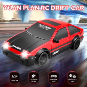 YUAN PLAN RC Drift Car, Mini RC Drift Car for Adults 1:24 Remote Control High Speed Race Drifting Cars, 2.4GHz 4WD Racing Hobby Toy Car with Headlight for Boys and Girls and Adults (Red)