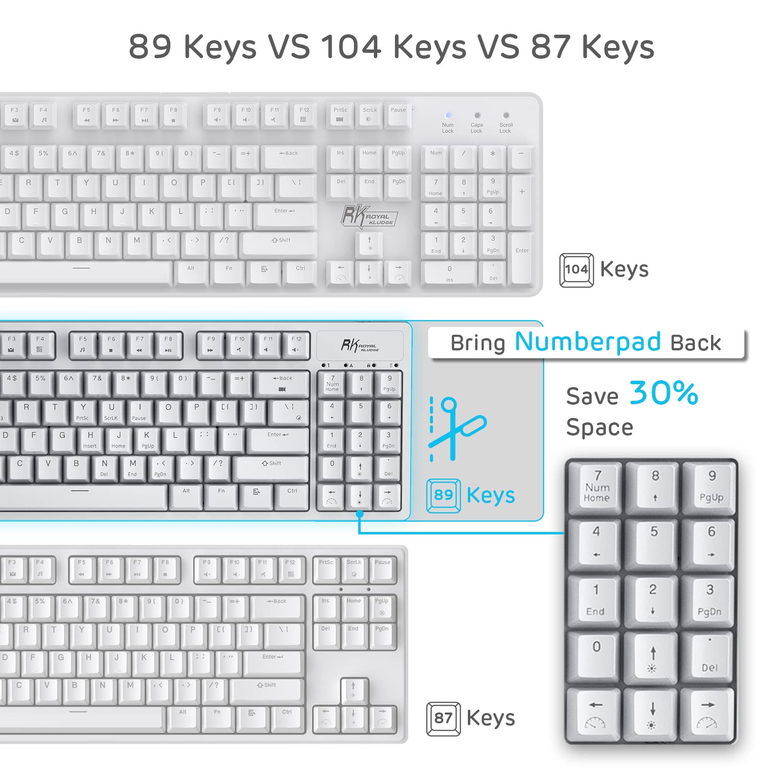 RK ROYAL KLUDGE RK89 85% Triple Mode BT5.0/2.4G/USB-C Hot Swappable Mechanical Keyboard, 89 Keys Compact Mechanical Keyboard with Detachable Frame & Software (Hot-Swappable Red Switch, White)