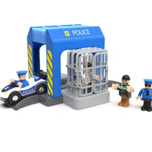 Wooden Train Tracks Accessories, Train Set Piece of Police Station Compatible with All Railroad Track Collection, Train Toys Expansion Pack for Kids Ages 3 and Up.