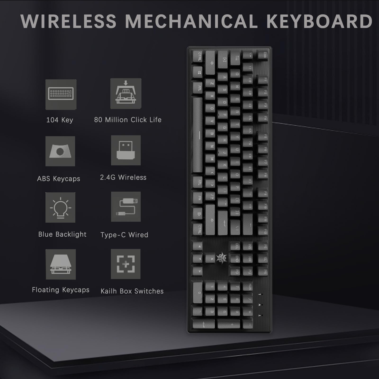 Hexgears G5 2.4G Wireless Mechanical Keyboard 104 Key, Wireless and Type-C Wired Connection, Full-Size, Blue Backlit, Windows and Mac OS Compatible Black Keyboard Kailh Box White Switches