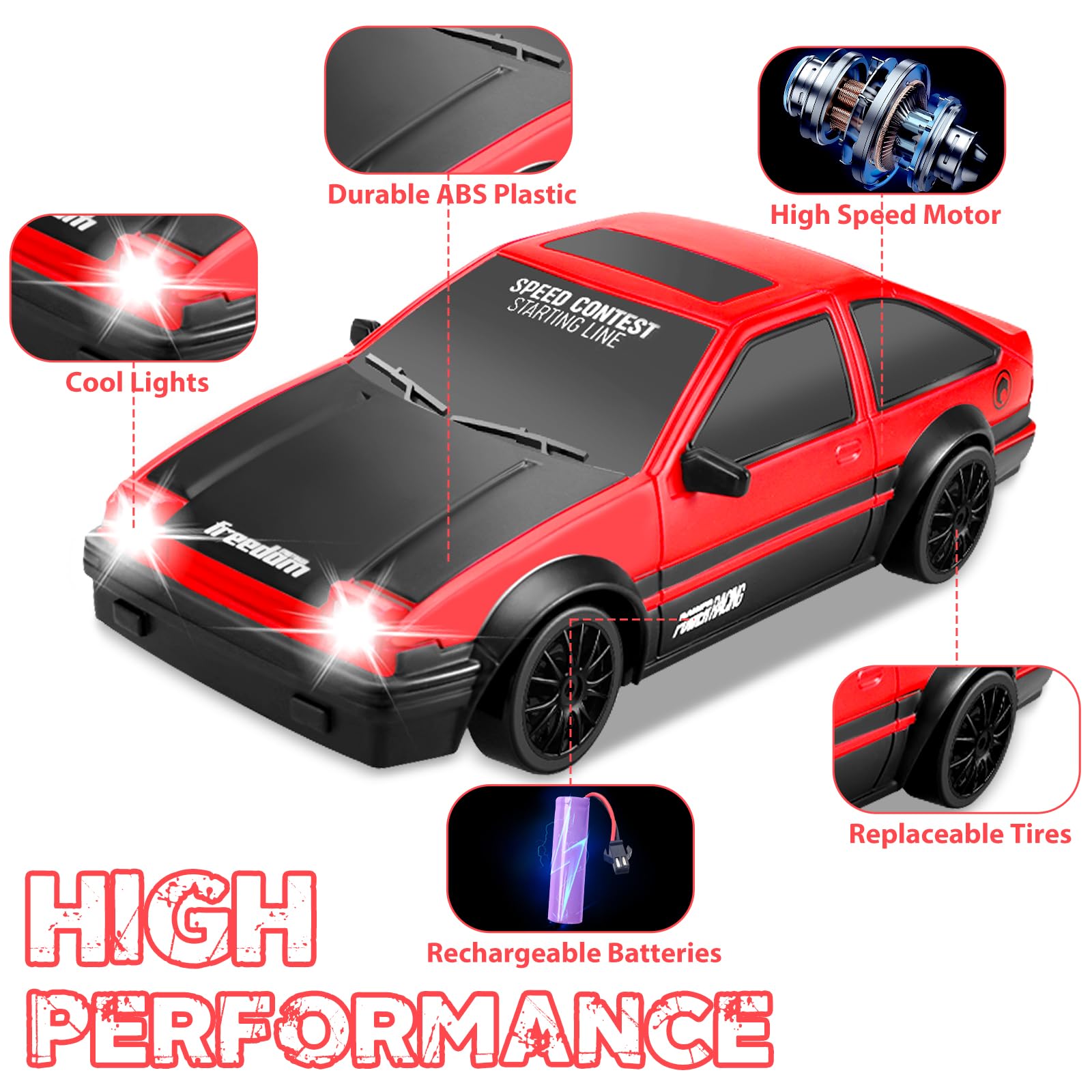 YUAN PLAN RC Drift Car, Mini RC Drift Car for Adults 1:24 Remote Control High Speed Race Drifting Cars, 2.4GHz 4WD Racing Hobby Toy Car with Headlight for Boys and Girls and Adults (Red)