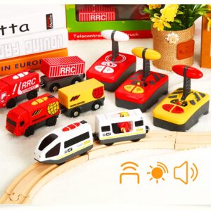 Wooden Train Set Accessories Battery Operated Locomotive Train, Remote Control Train Vehicles for Wood Tracks, Powerful Engine Train Cars Fits All Major Brands of Railway System (Battery Not Included)