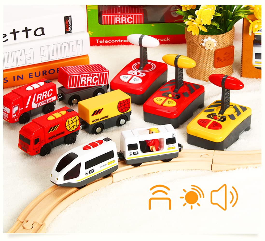 Wooden Train Set Accessories Battery Operated Locomotive Train, Remote Control Train Vehicles for Wood Tracks, Powerful Engine Train Cars Fits All Major Brands of Railway System (Battery Not Included)