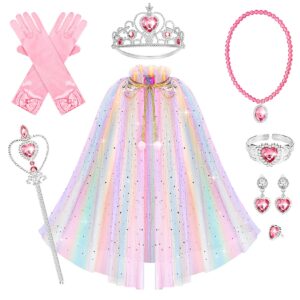 10 Pieces Princess Cape Set Dress up Clothes for Little Girls Party Cosplay Cloak with Jewelry Tiara Crown Wand Gloves