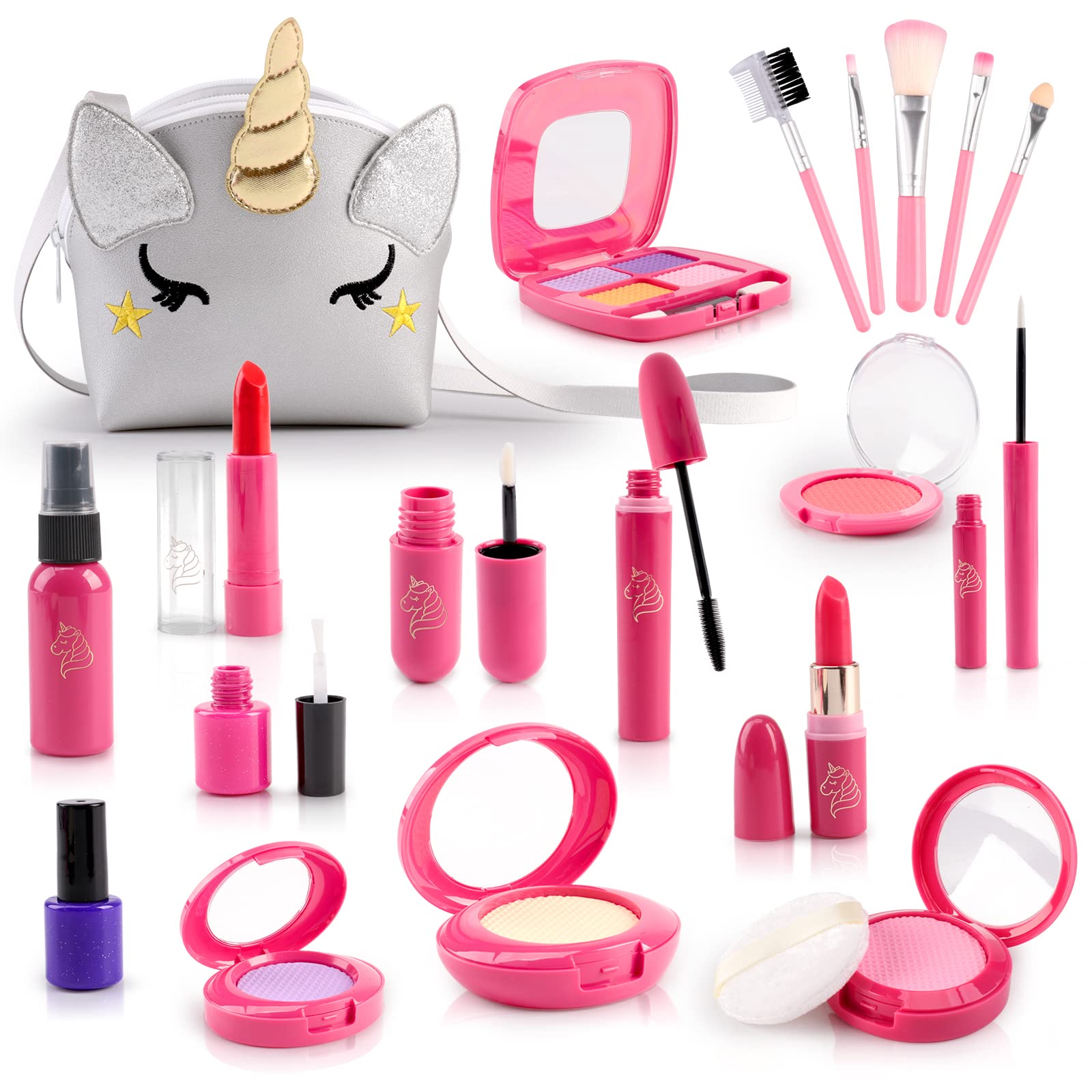 Kids Makeup Kit for Girl,BTEC Pretend Makeup for Toddlers,20 Pack Fake Play Makeup for Little Girls Age 3 4 5 6 7 Birthday Gift