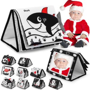 Tummy Time Baby Floor Mirror Toys with Crinkle Cloth Book, Black and White High Contrast Baby Toys, Double Folding Baby Montessori Toys Crawling Activity Mat Floor Mirror for Infants 3 6 12 Months