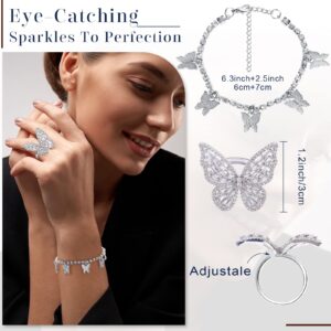 Bonuci 4 Pcs Butterfly Jewelry Set Butterfly Pendant Necklace Hoop Earrings Bracelet Ring Necklace Set for Women(Silver)