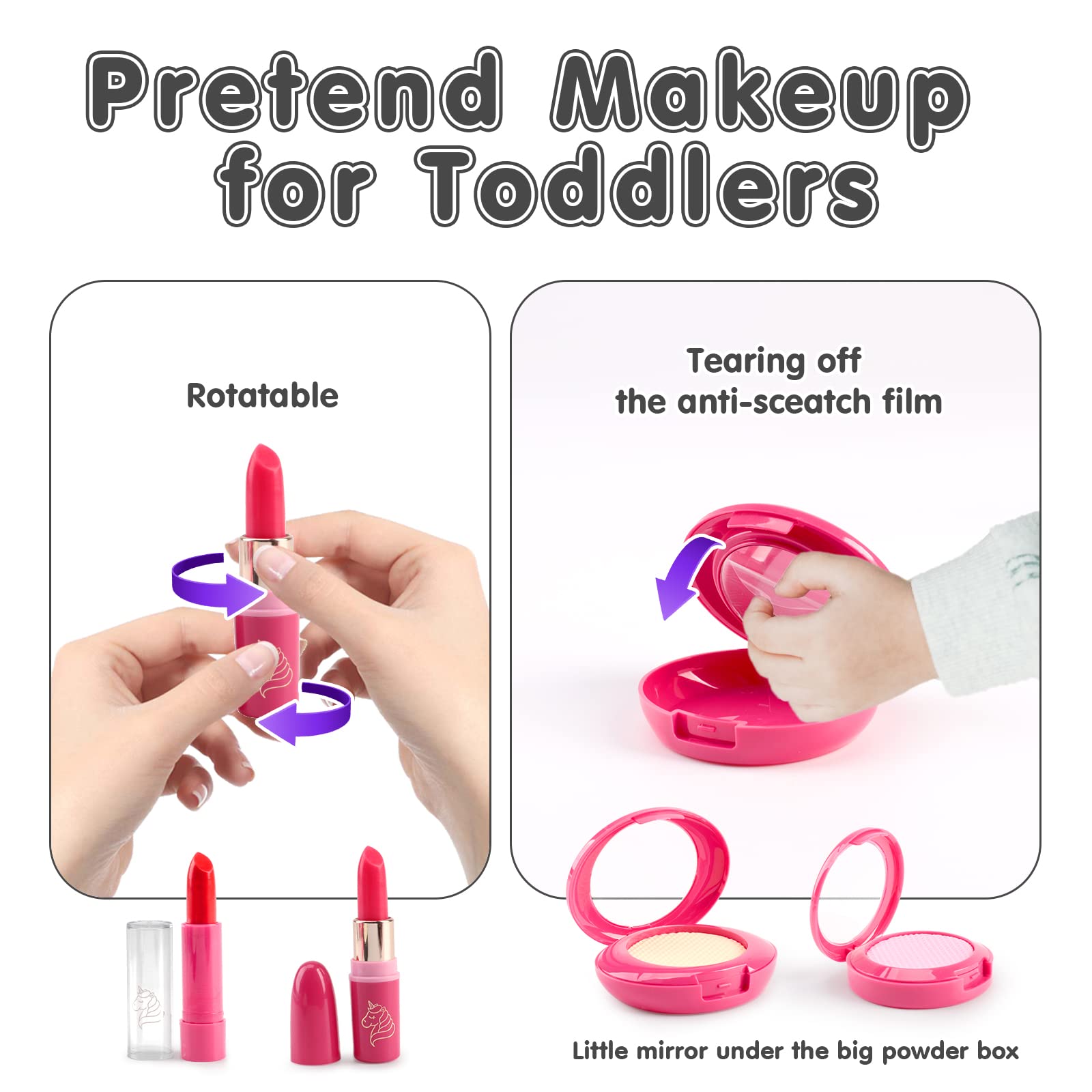 Kids Makeup Kit for Girl,BTEC Pretend Makeup for Toddlers,20 Pack Fake Play Makeup for Little Girls Age 3 4 5 6 7 Birthday Gift