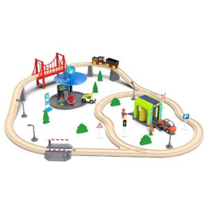 Wooden Train Accessories Car Washer for Railroad Train Track, Train Toys Accessory Compatible with All Major Brands of Train Set System, Railway Tracks Station for Kids Ages 3 and Up.