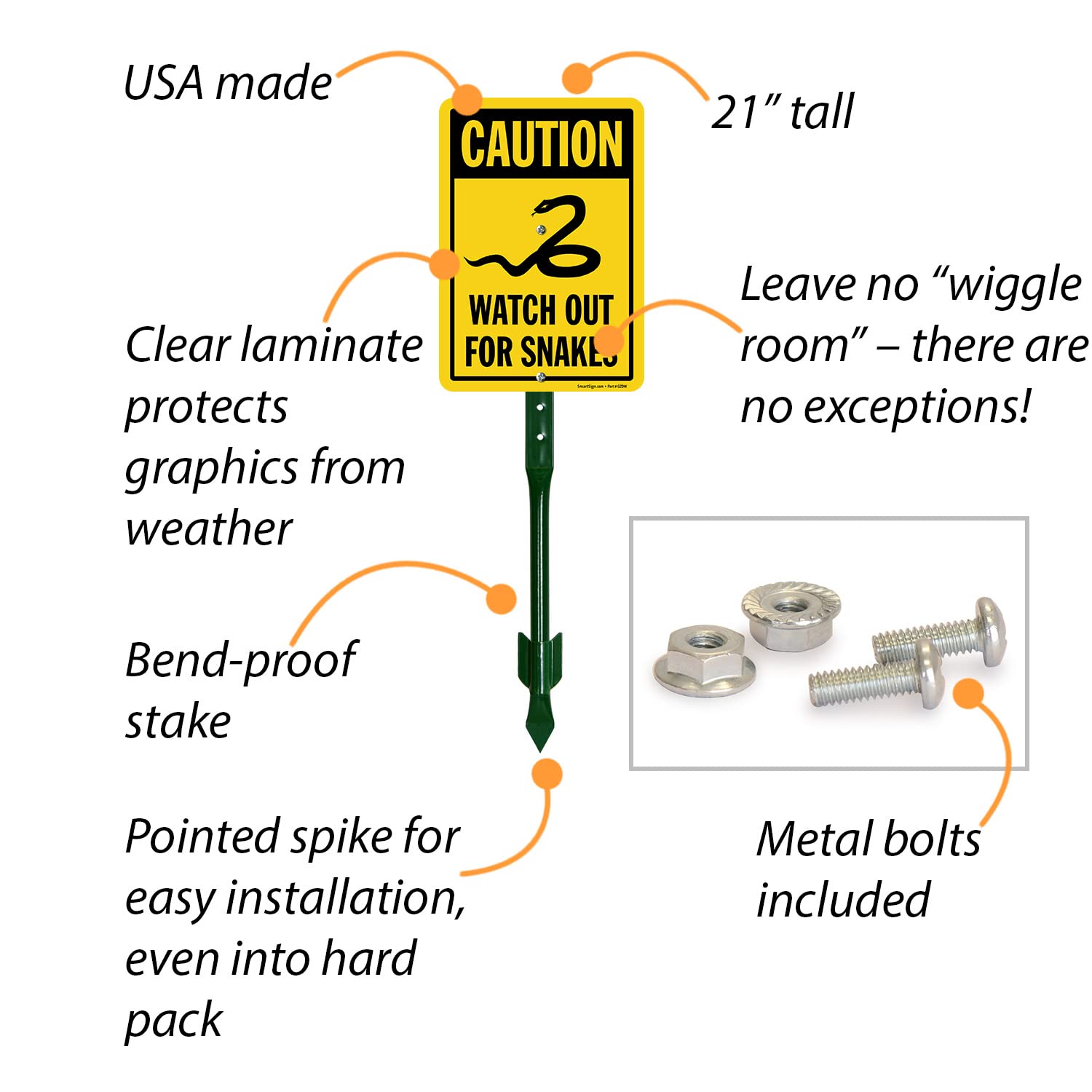 SmartSign 10 x 7 inch “Caution - Watch Out For Snakes” LawnPuppy Yard Sign and 18 inch Stake Kit, 40 mil Laminated Rustproof Aluminum, Black and Yellow, Set of 1, Made in USA